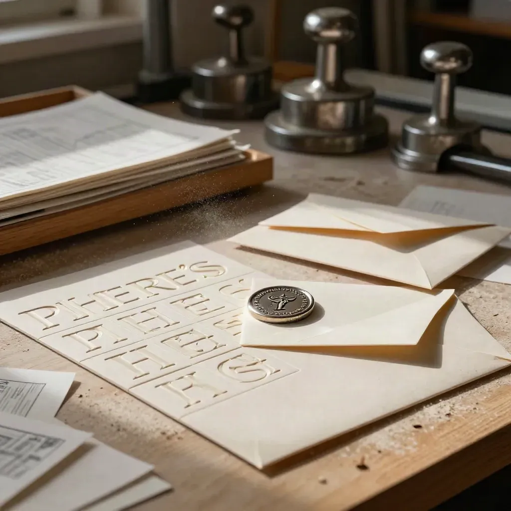 Embossed logo tiles, icon seal and envelope mockups on a sunlit print bench