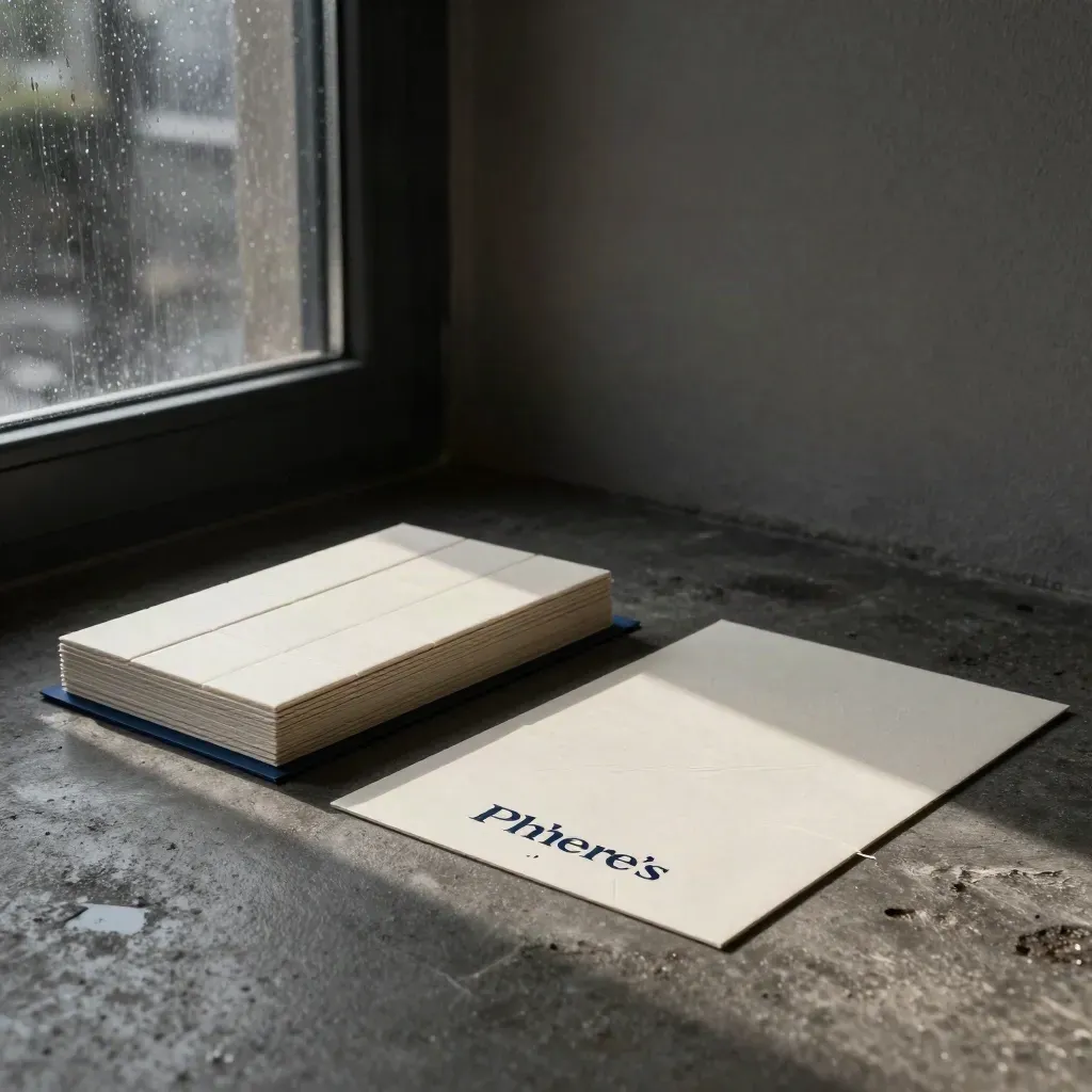 Brand identity materials in a moody studio corner with rain-lit haze and open copy space.