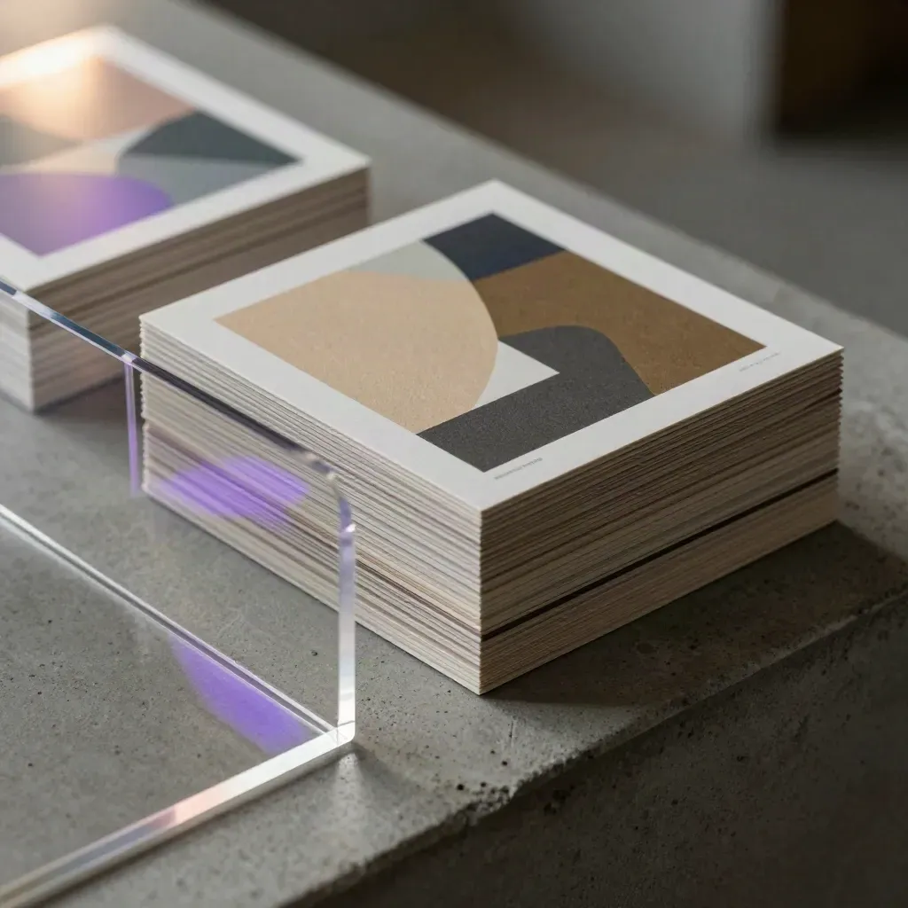 Square social graphics proof cards slide from a clear acrylic holder in dramatic studio light.