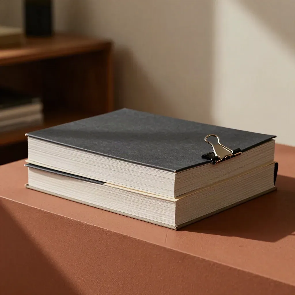 Closed linen pitch deck with binder clip on a warm plinth in soft daylight.