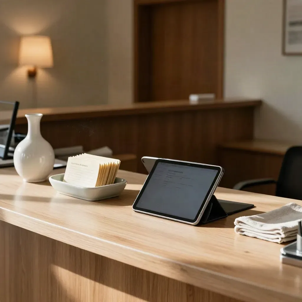 Calm clinic reception check-in station with tablet, appointment cards, and white vase