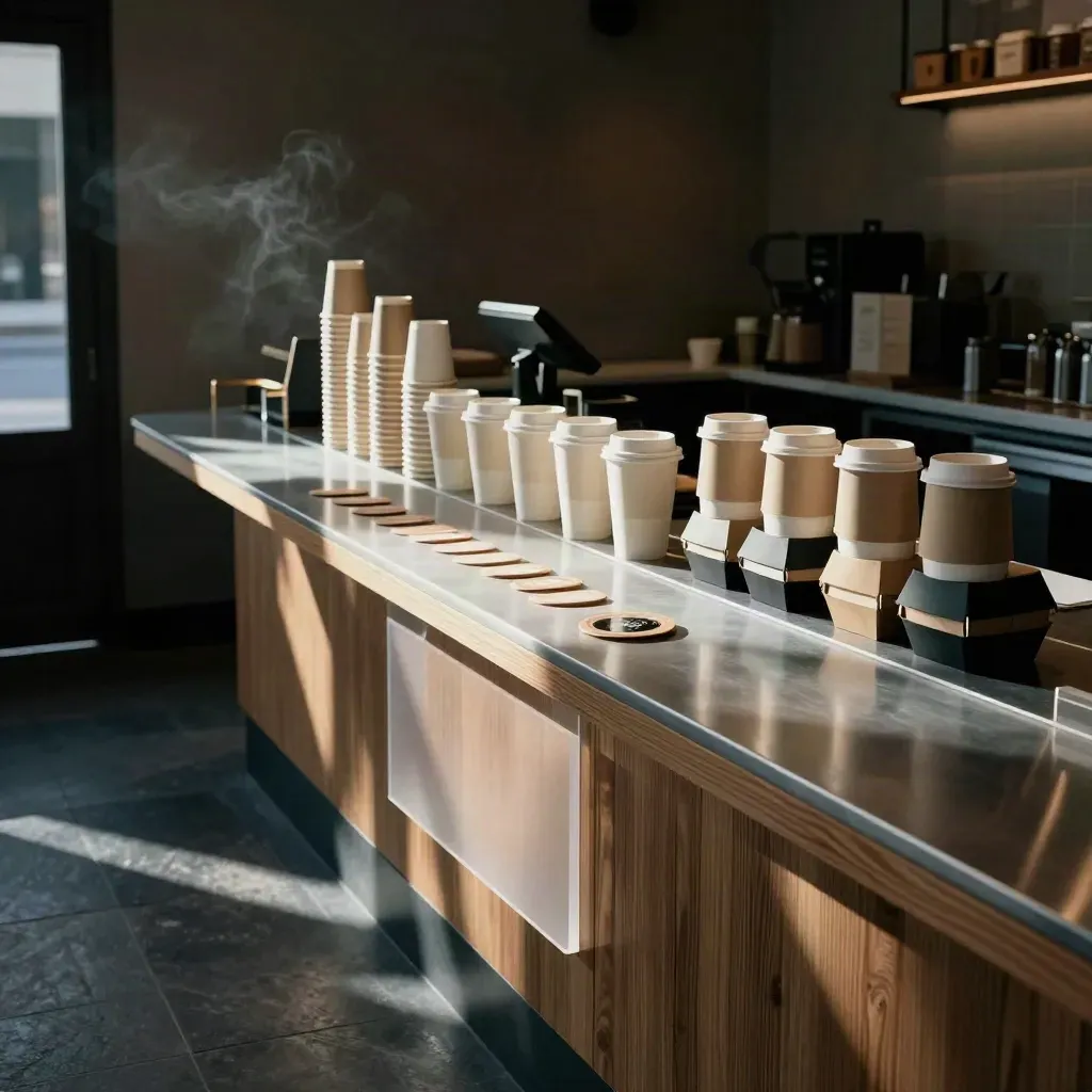 Cafe opening-day counter kit with cups, pastry boxes and frosted acrylic panels on a moody café counter.