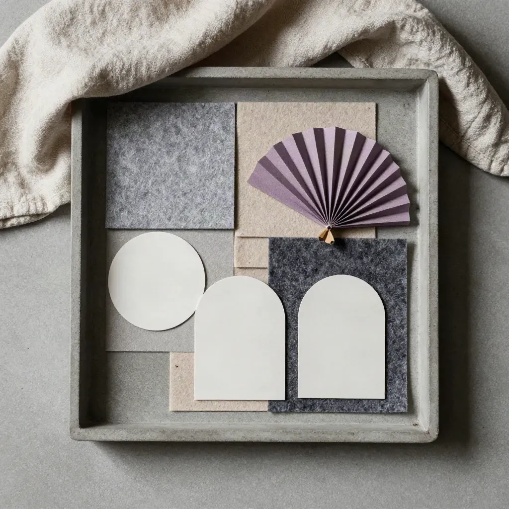 Overhead tray with neutral swatches, violet chips and shape-cut cards on plaster.